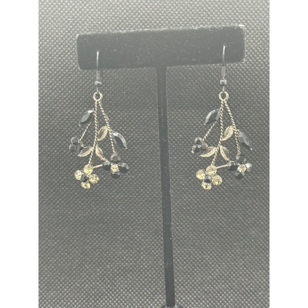 Gunmetal Tone Black Rhinestone Flower Branch Drop Earrings Vintage Style Floral